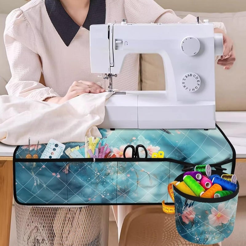 Kathyboom Sewing Machine Mat for Table Teal Hummingbirds Cherry Blossoms Non Slip with Pockets to Reduce Vibration for Most Sewing Machines Home Decor - Image 4